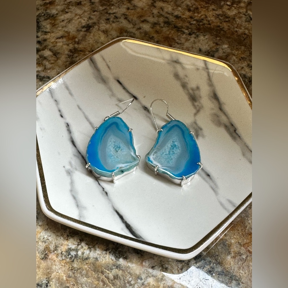 Silver Blue Geode Stone Earrings